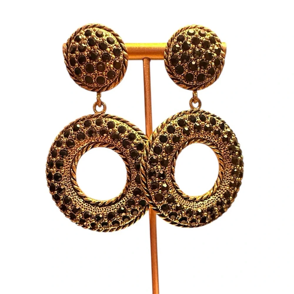 Vintage Carlisle Gold and Black Circle 2” Drop Earrings - Picture 1 of 7